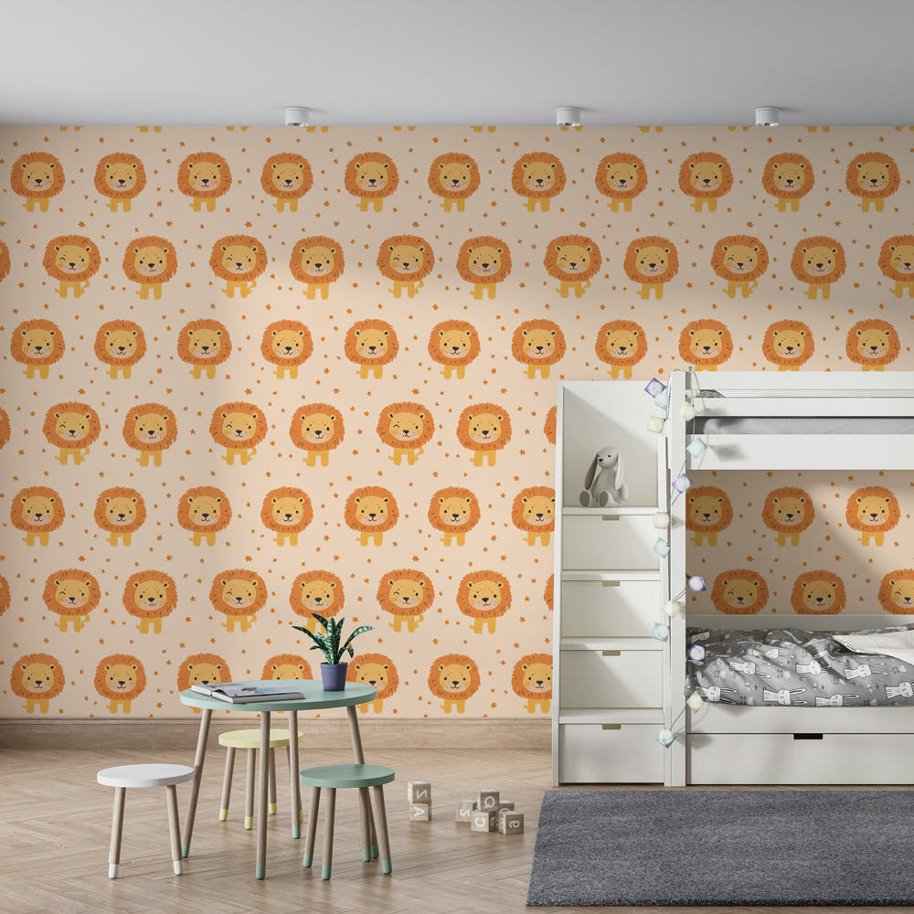 Cheerful lion wallpaper with stars accent wall in modern kids room by Kids-Mundo