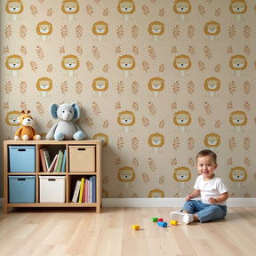 Lion mural wallpaper creating cozy safari nursery with gentle animal theme by Kids-Mundo