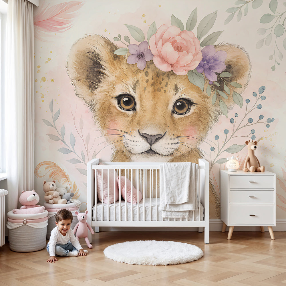 Lion mural wallpaper with floral crown creating magical nursery decor by Kids-Mundo