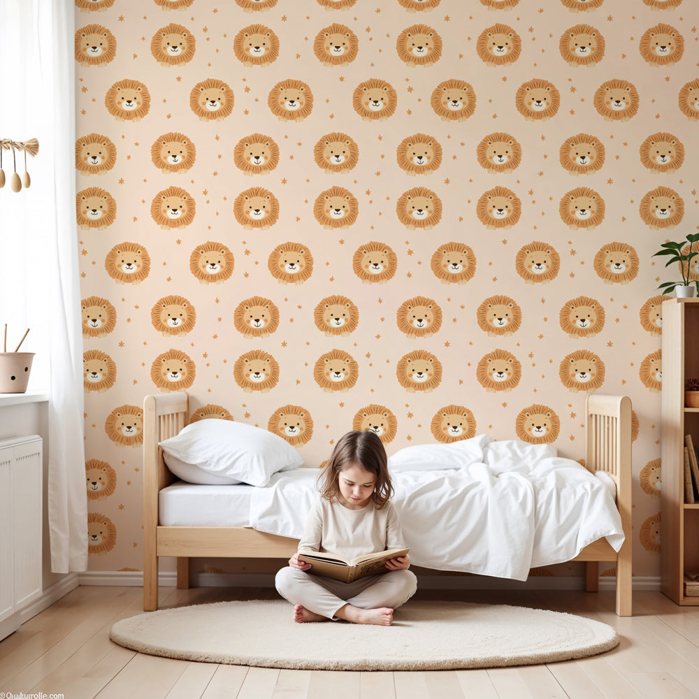Lion cubs mural wallpaper in modern nursery with soft beige tones by Kids-Mundo