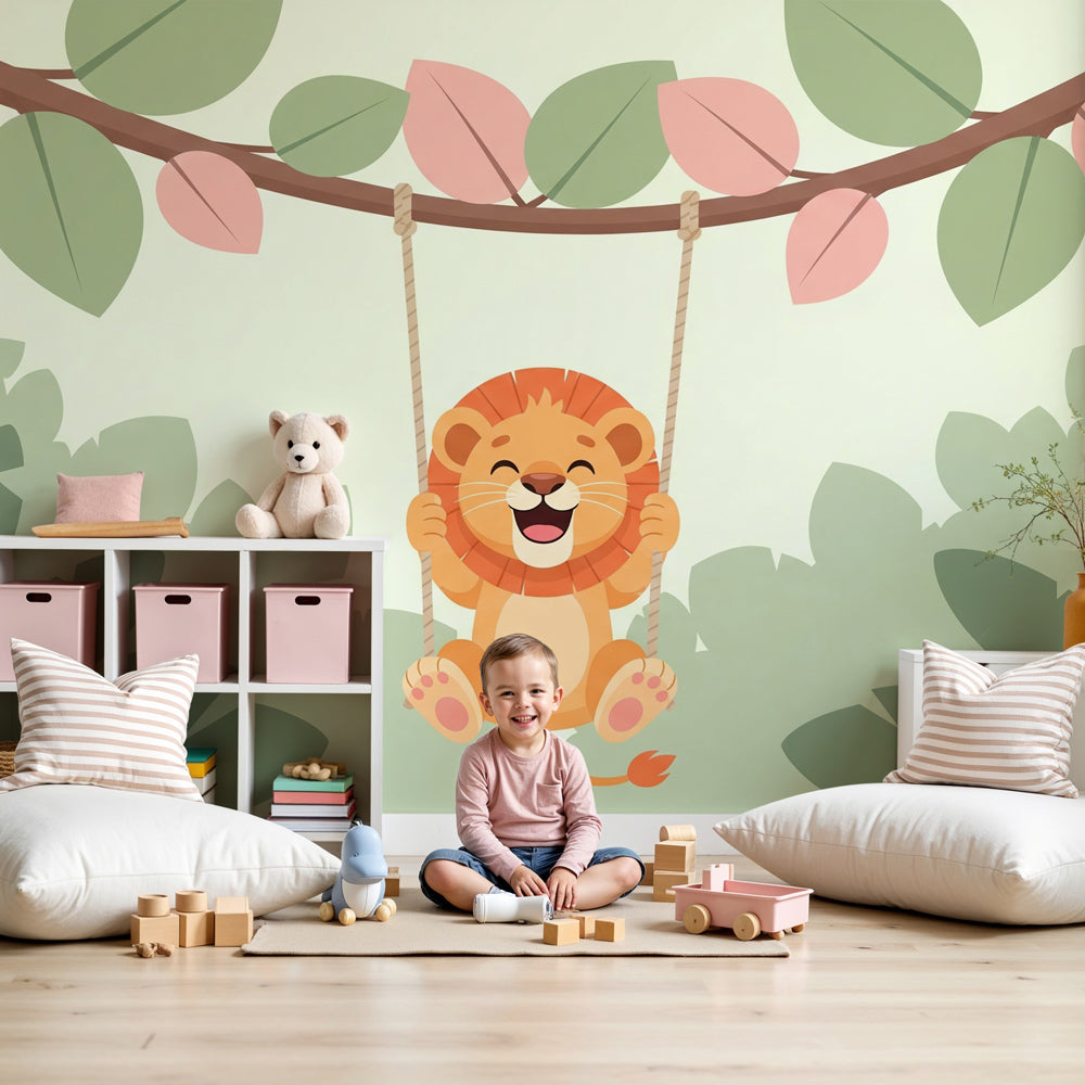 Happy lion mural wallpaper creating magical jungle nursery decor by Kids-Mundo