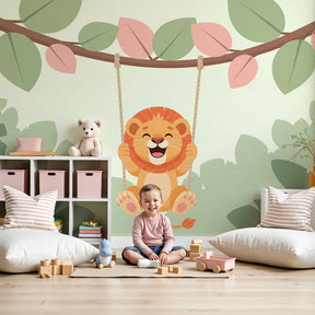 Happy lion mural wallpaper creating magical jungle nursery decor by Kids-Mundo