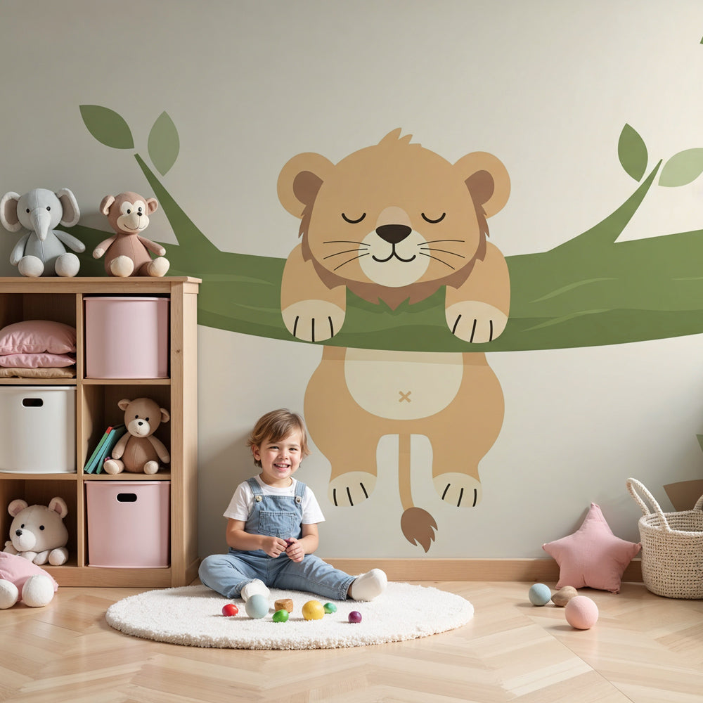 Sleepy lion cub mural wallpaper in cozy nursery setting by Kids-Mundo