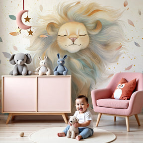 Peaceful lion mural wallpaper with colorful foliage in modern nursery room by Kids-Mundo
