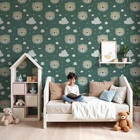 Cute lion head mural wallpaper creating safari nursery decor with green background by Kids-Mundo