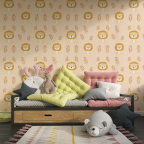 Adorable lion mural wallpaper transforming children's playroom with warm beige safari theme