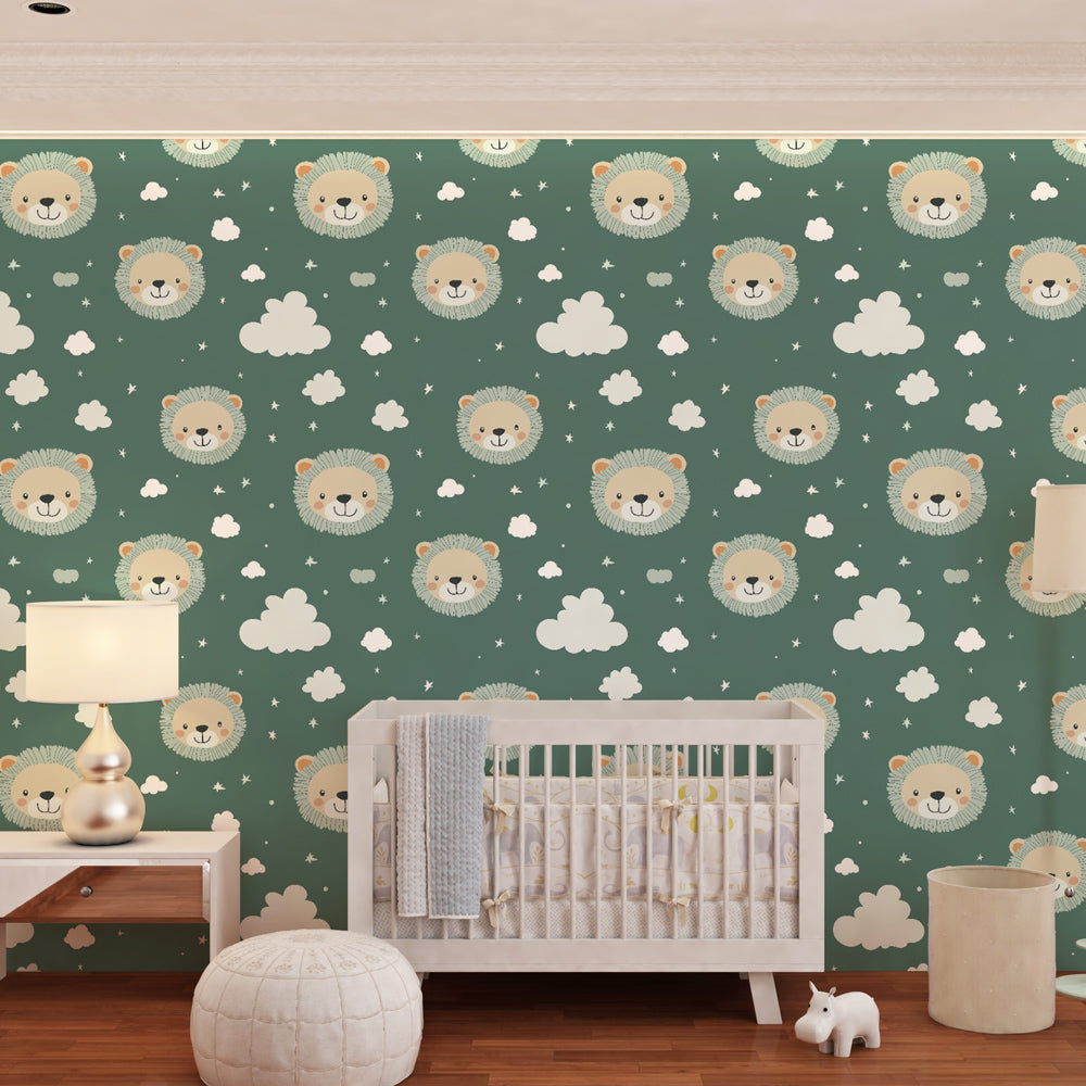 Animal theme mural wallpaper with friendly lion faces creating playful kids room atmosphere
