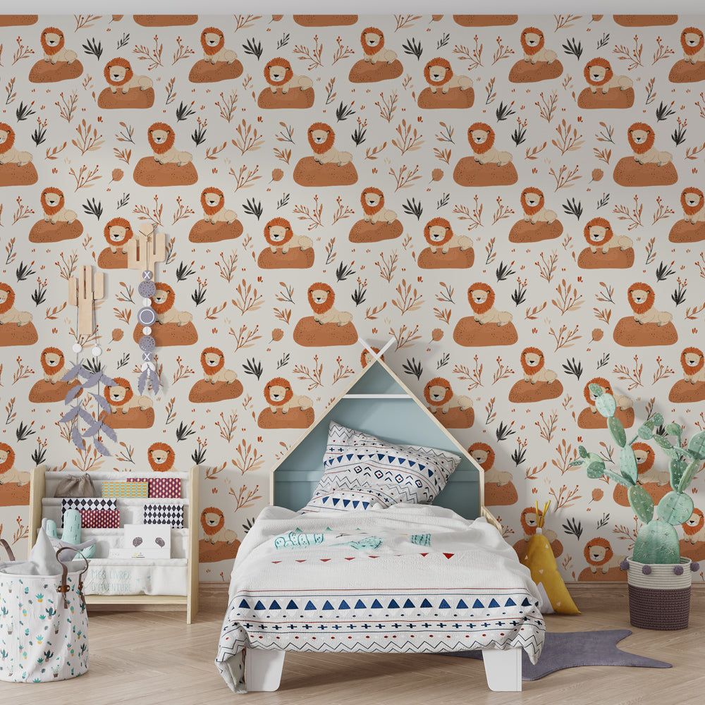 Lion and flower mural wallpaper transforming kids' playroom into safari adventure space