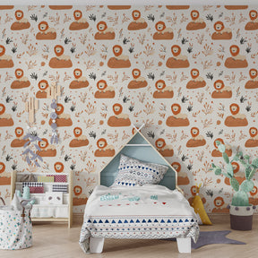 Lion and flower mural wallpaper transforming kids' playroom into safari adventure space