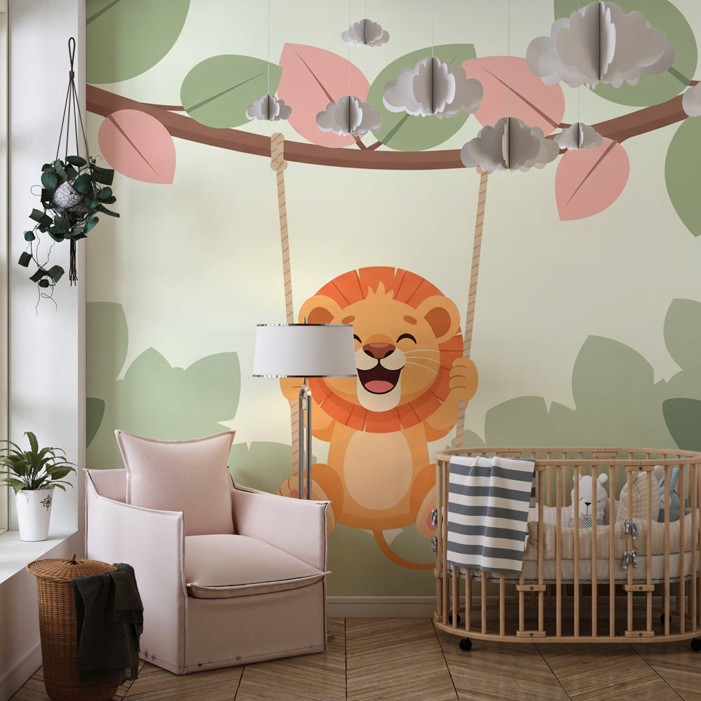 Adorable lion cub wallpaper creating whimsical playroom atmosphere for kids