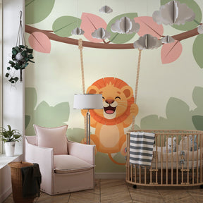 Adorable lion cub wallpaper creating whimsical playroom atmosphere for kids