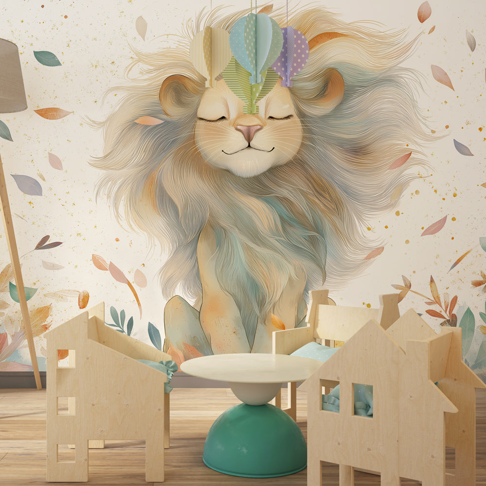 Animal themed lion wallpaper transforming toddler room into peaceful safari adventure