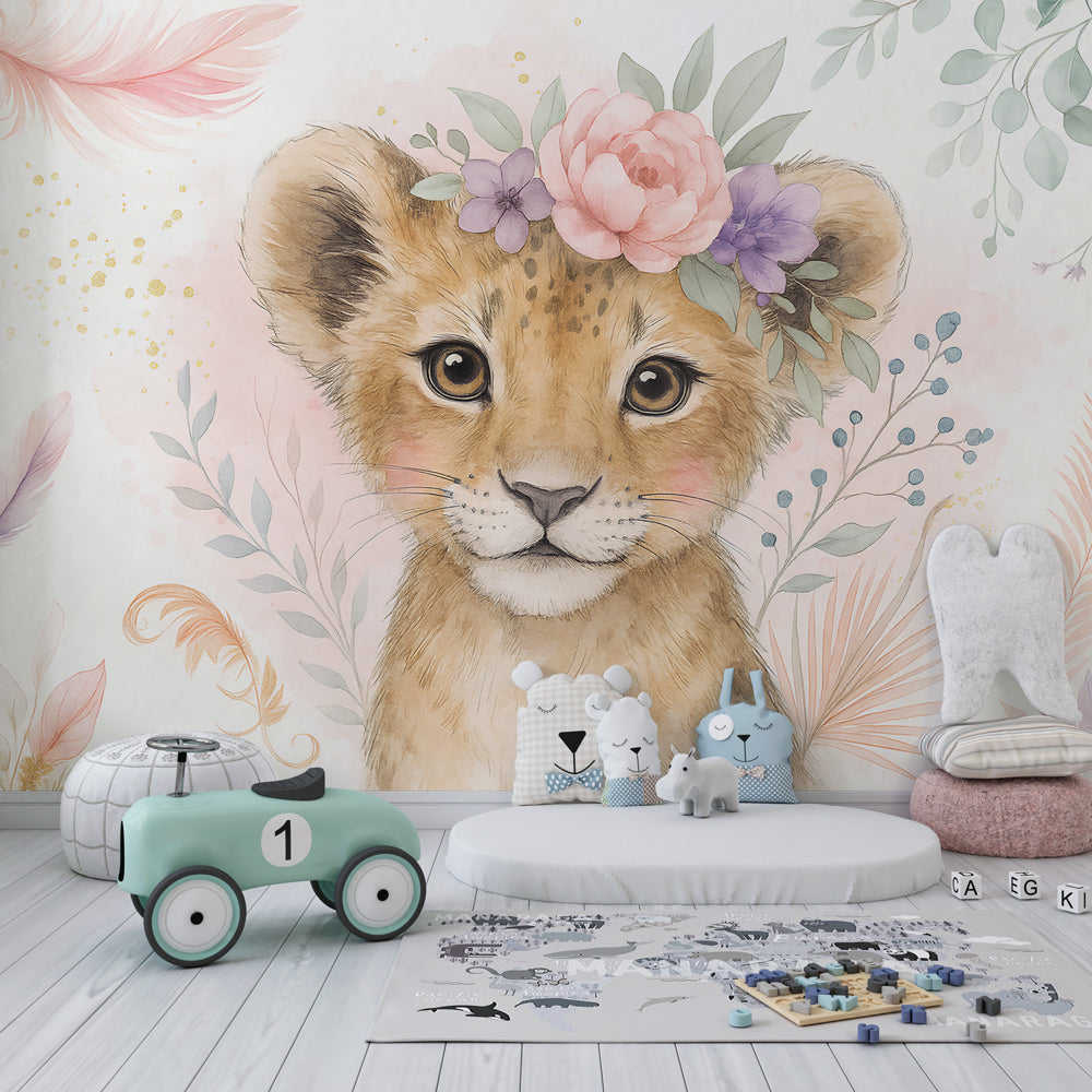 Pastel lion children's wallpaper creating serene toddler room atmosphere