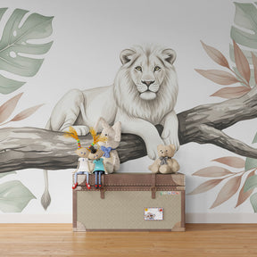 Lion mural wallpaper with tropical foliage for wildlife-themed kids room decor