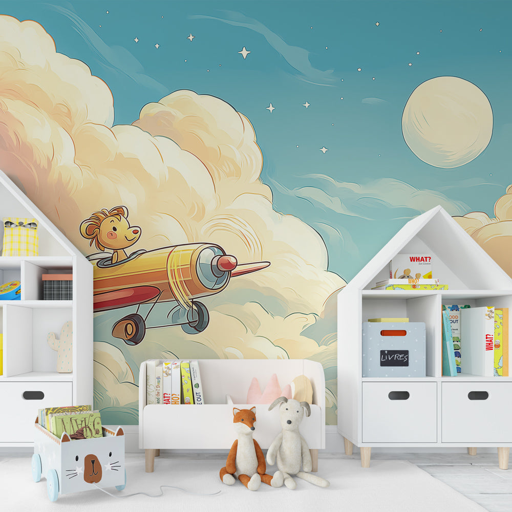 Sky adventure mural wallpaper creating magical children's bedroom atmosphere