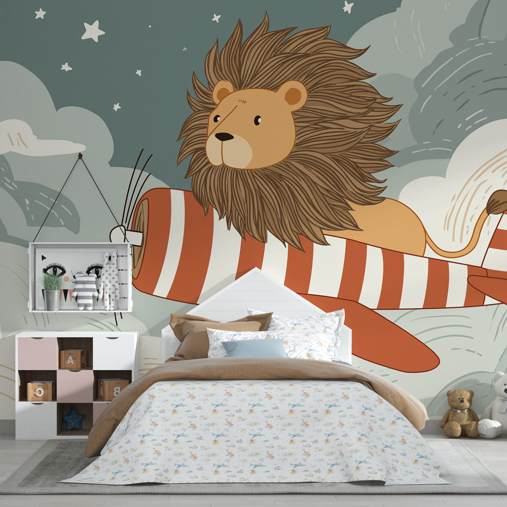 Charming lion airplane wallpaper transforming modern children's bedroom with soft sky theme