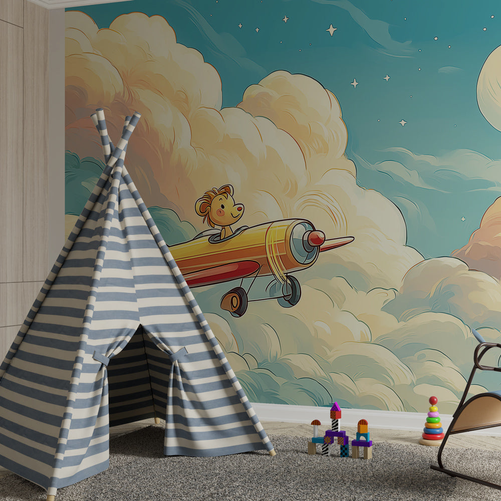 Colorful lion airplane wallpaper transforming toddler room into adventure zone