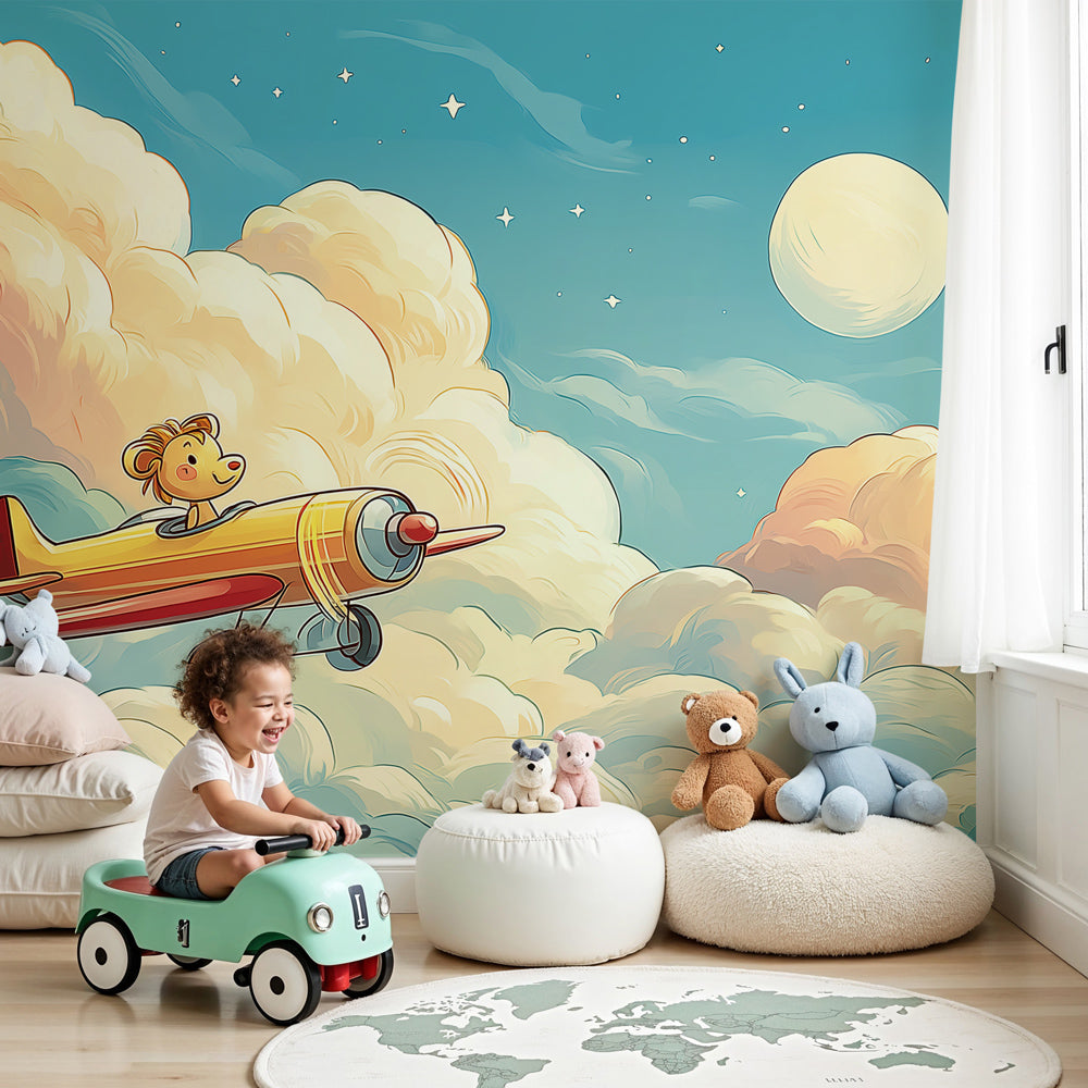 Lion pilot airplane mural wallpaper in peaceful nursery setting by Kids-Mundo