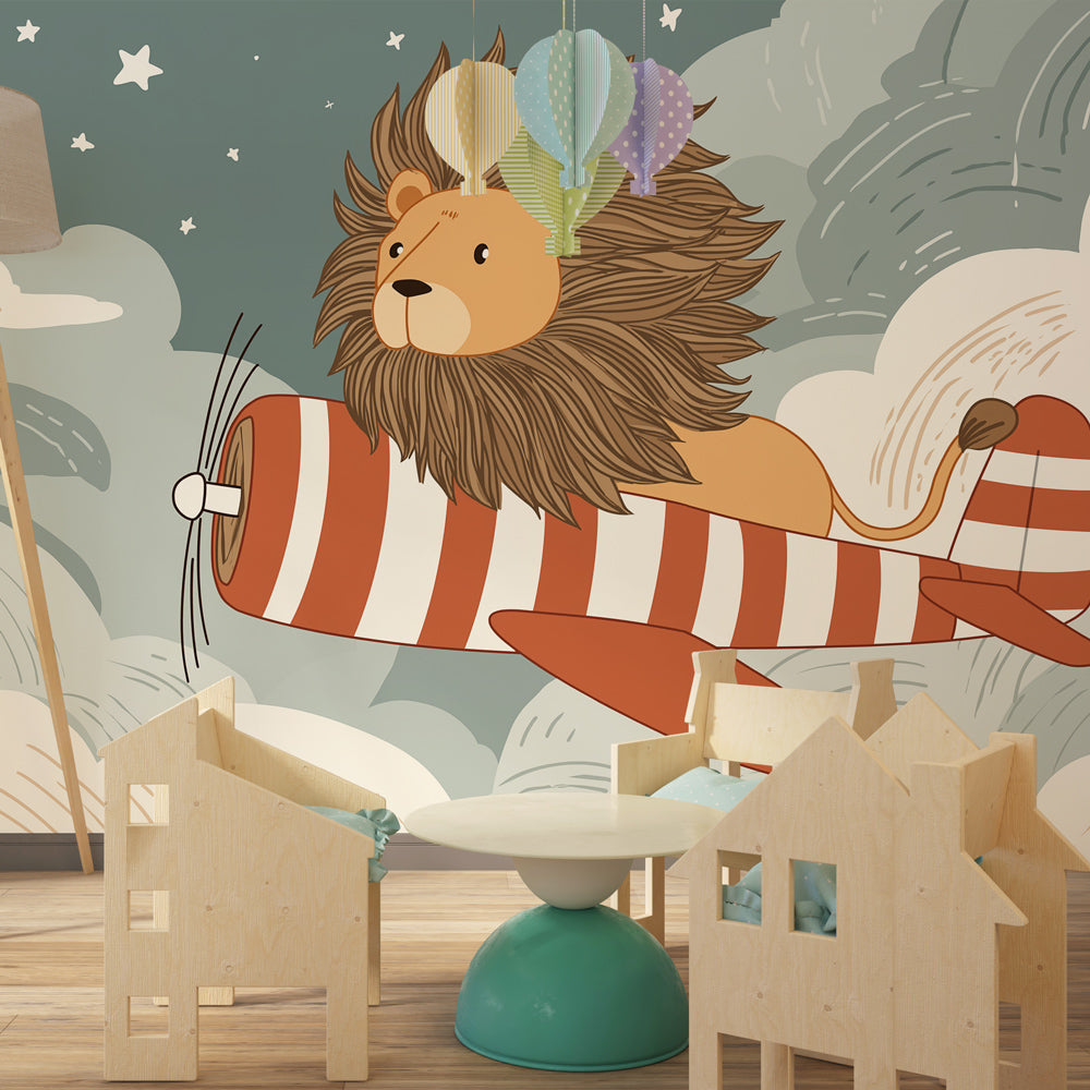 Aviation adventure mural wallpaper for kids playroom featuring cute lion pilot by Kids-Mundo