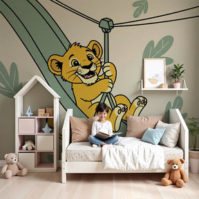 Lion playground mural wallpaper in modern nursery with crib and natural decor by Kids-Mundo