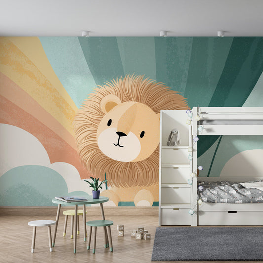 Kids-Mundo lion face and rainbow hot air balloon mural on a kids bedroom feature wall