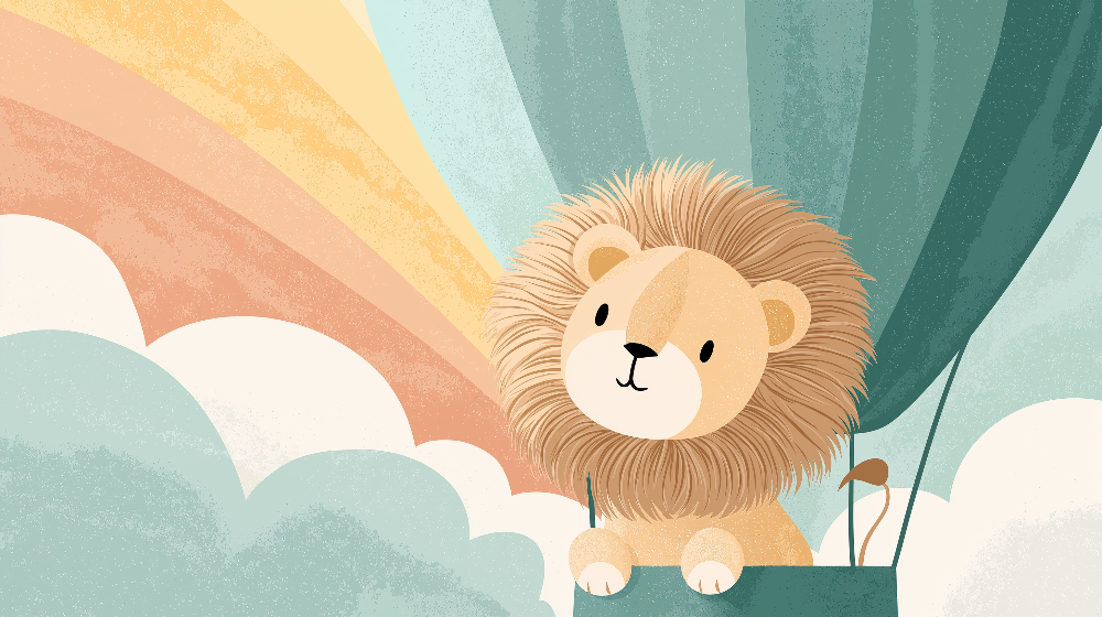 Lion Cub Portrait and Rainbow Balloon Wall Mural
