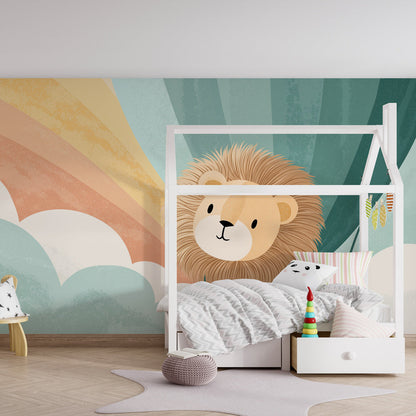 Kids-Mundo friendly lion portrait wall mural adding warmth to a children's playroom