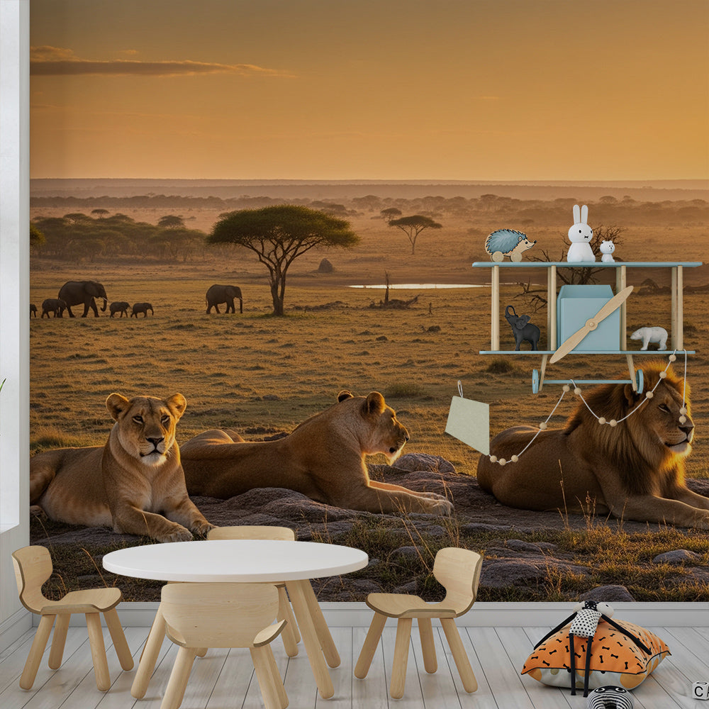 Kids-Mundo sunset savanna wall mural with a lion pride in a kids bedroom