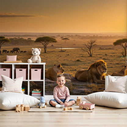 Kids-Mundo lion pride sunset savanna wall mural made to measure for a nursery