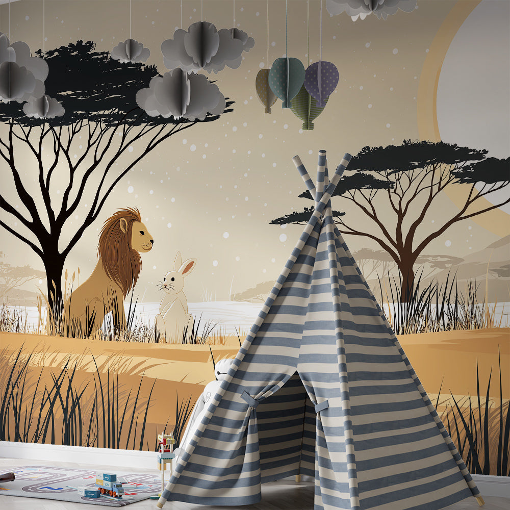 Kids-Mundo savanna sunset mural with lion and rabbit on a child's bedroom feature wall