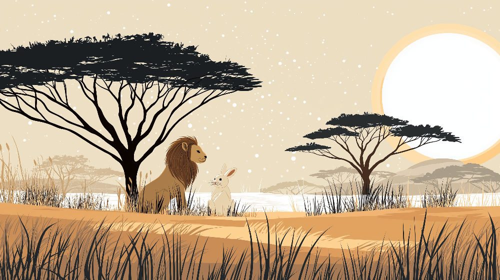 Lion and Rabbit Savanna Sunset Wall Mural