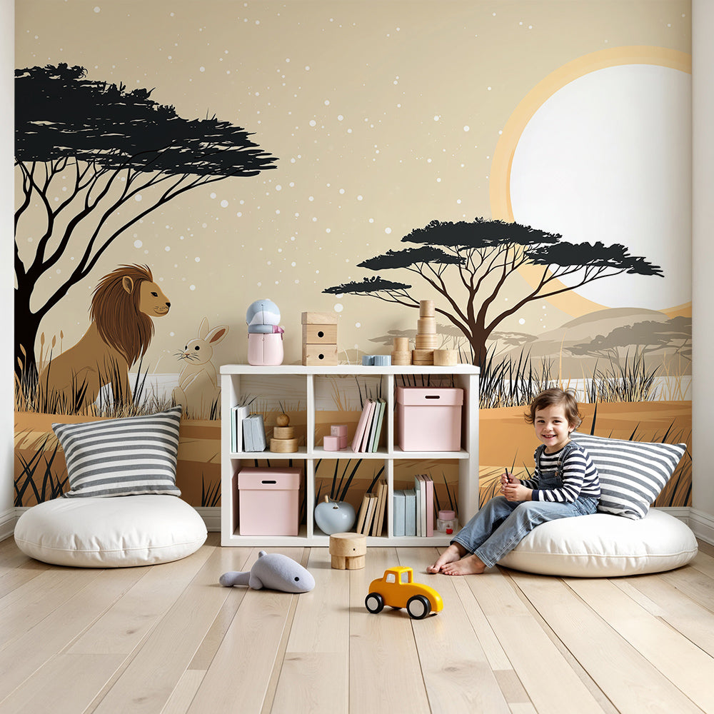 Kids-Mundo lion and rabbit savanna wall mural glowing warmly in a calm nursery