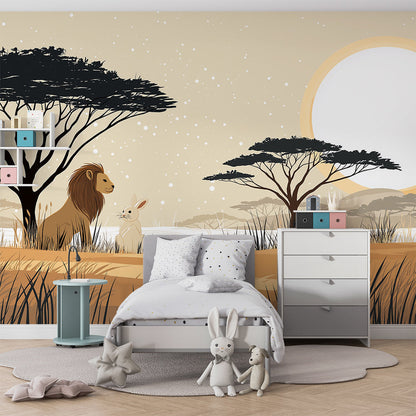 Kids-Mundo lion and rabbit wall mural bringing golden savanna light to a playroom