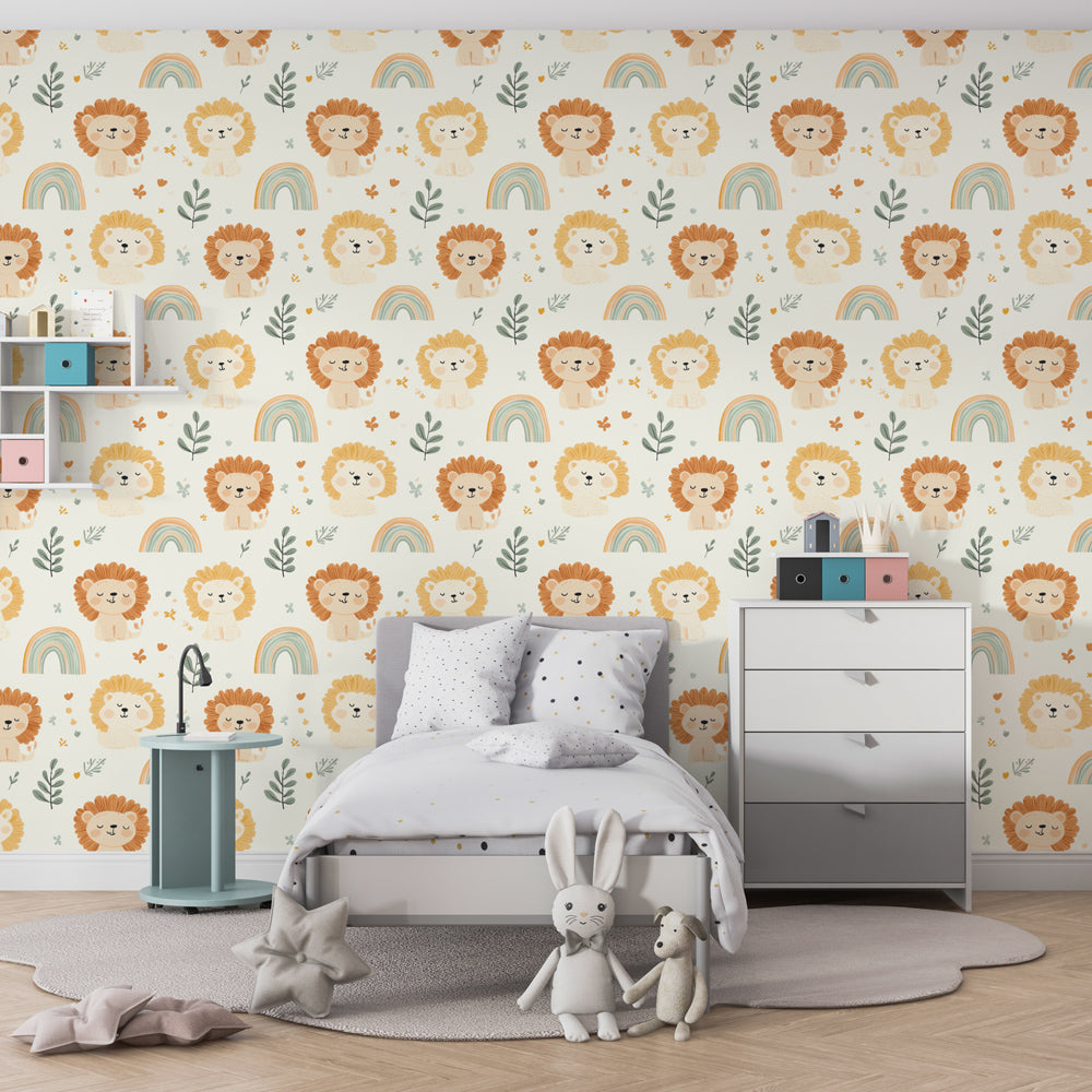 Colorful lion and rainbow wallpaper creating playful children's bedroom decor