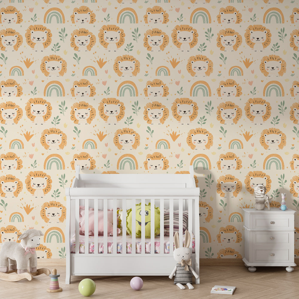 Cute lion wallpaper with rainbows decorating peaceful kids bedroom interior