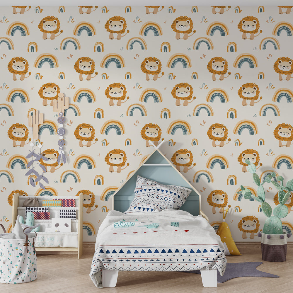 Colorful lion and rainbow wallpaper transforming children's bedroom into joyful safari adventure