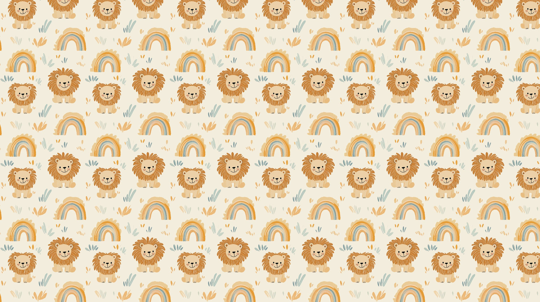 Detailed lion rainbow mural wallpaper design pattern showing safari animals and botanical elements by Kids-Mundo