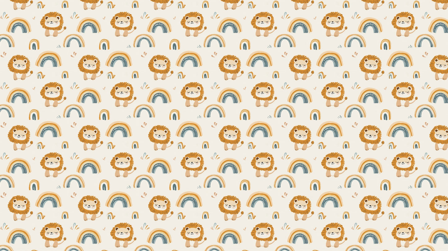 Detailed lion rainbow mural wallpaper design pattern with safari animals on beige by Kids-Mundo