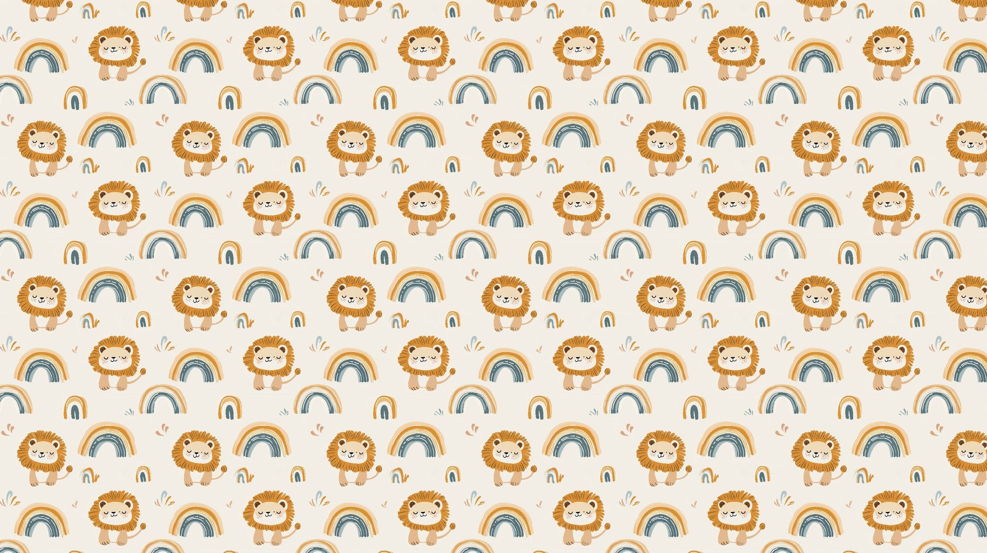 Detailed lion rainbow mural wallpaper design pattern with safari animals on beige by Kids-Mundo