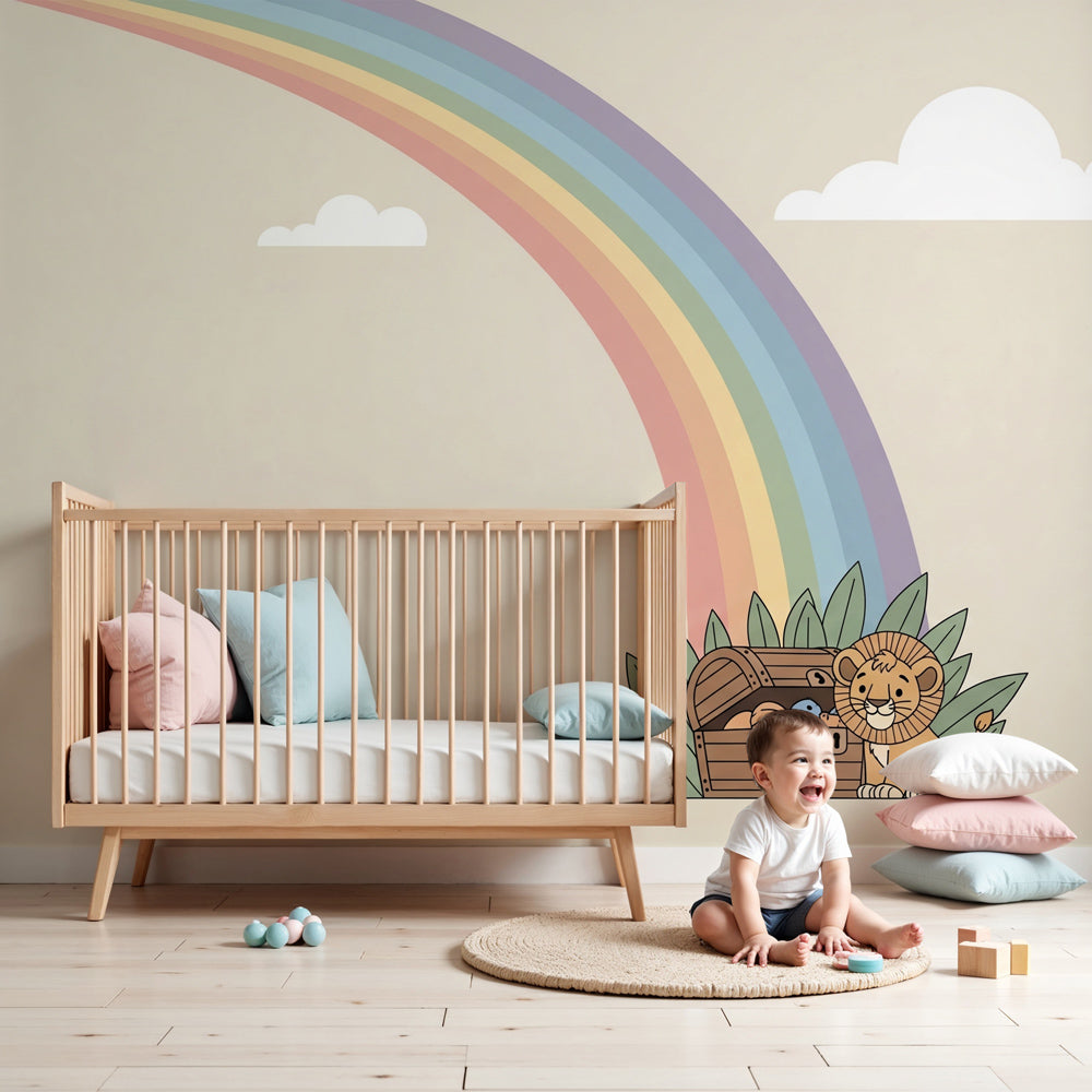 Lion rainbow treasure mural wallpaper in modern kids nursery with wooden furniture by Kids-Mundo