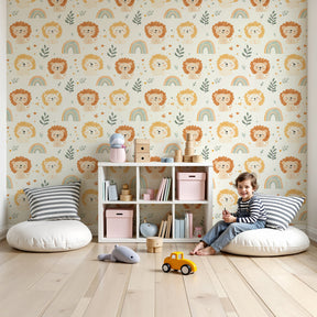 Lion rainbow mural wallpaper in modern nursery with cute safari animals by Kids-Mundo