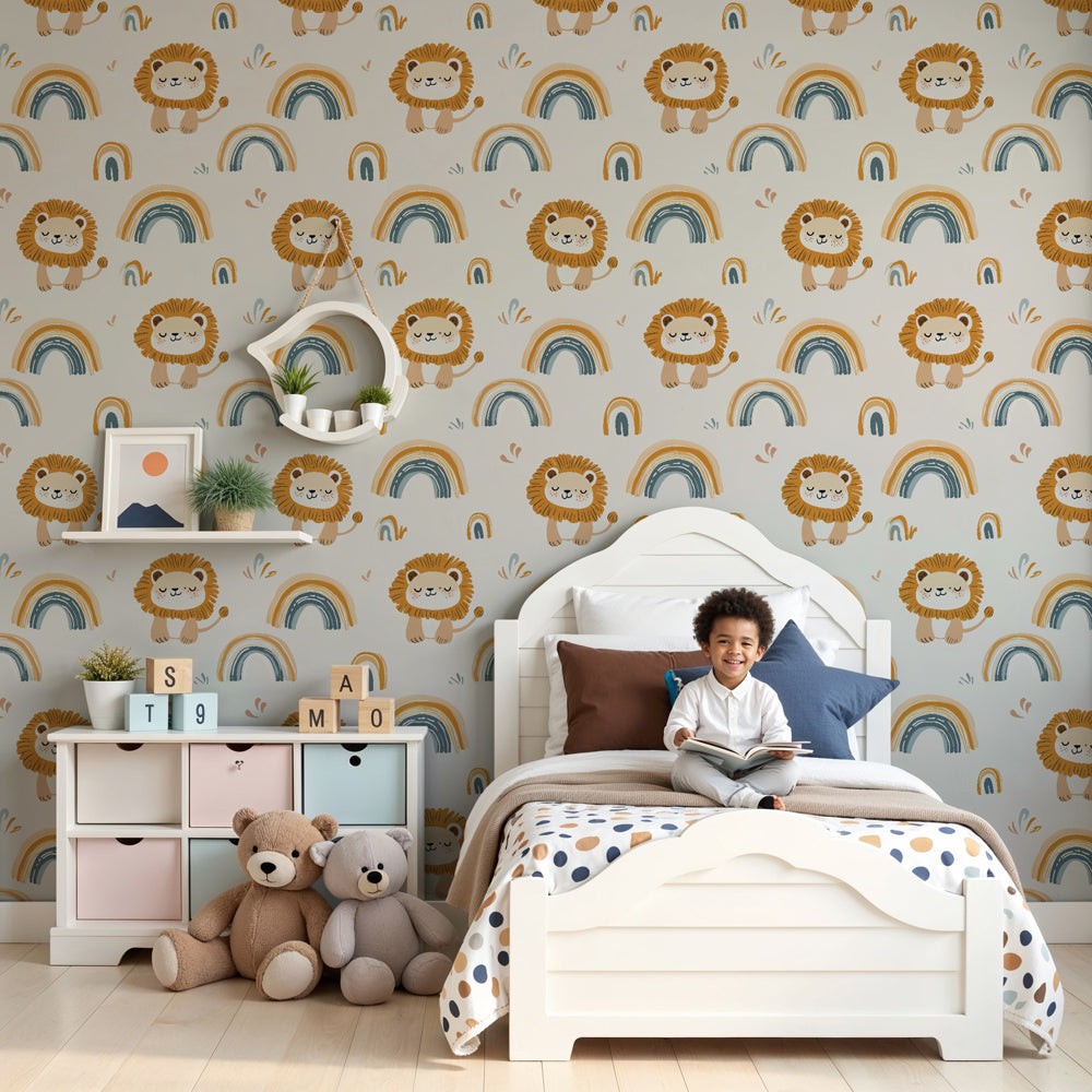 Lion rainbow mural wallpaper creating magical safari nursery decor with playful animals by Kids-Mundo