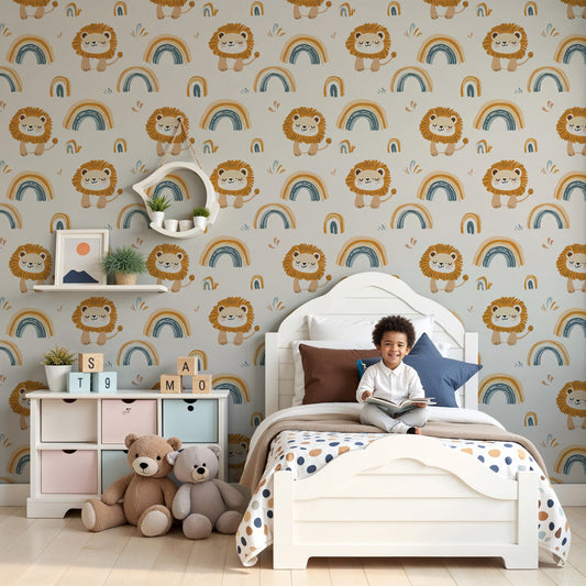 Lion rainbow mural wallpaper creating magical safari nursery decor with playful animals by Kids-Mundo