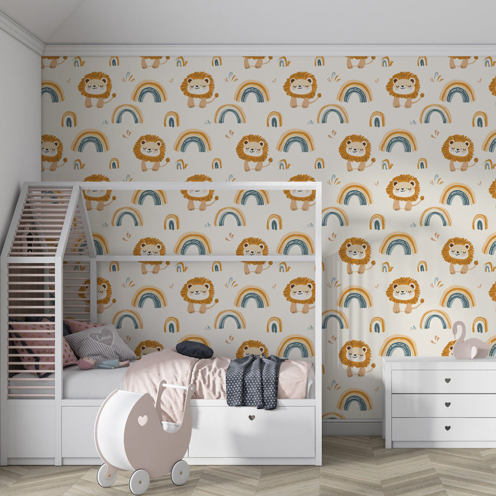 Safari animal mural wallpaper with lions and rainbows creating cheerful kids playroom atmosphere