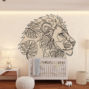 Tropical lion wallpaper creating adventurous kids bedroom decor with natural wood furniture