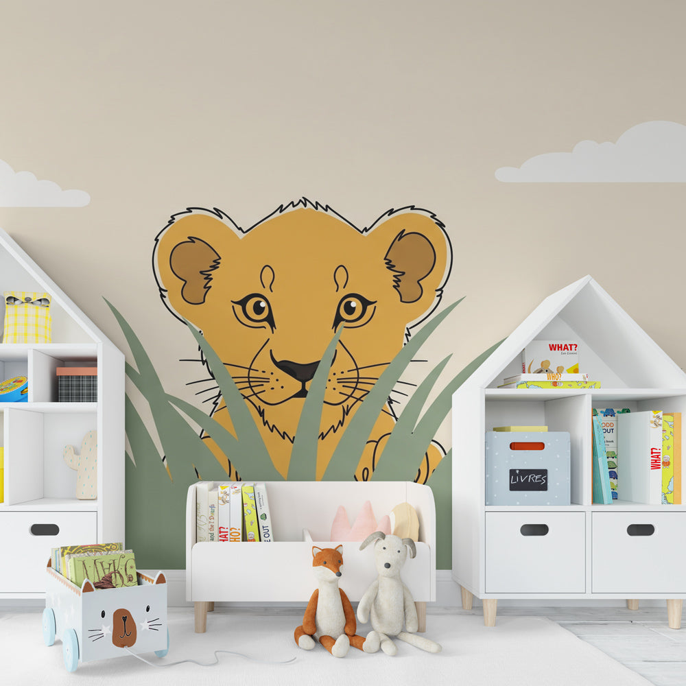 Curious lion cub wallpaper creating adventure themed kids bedroom with wooden furniture