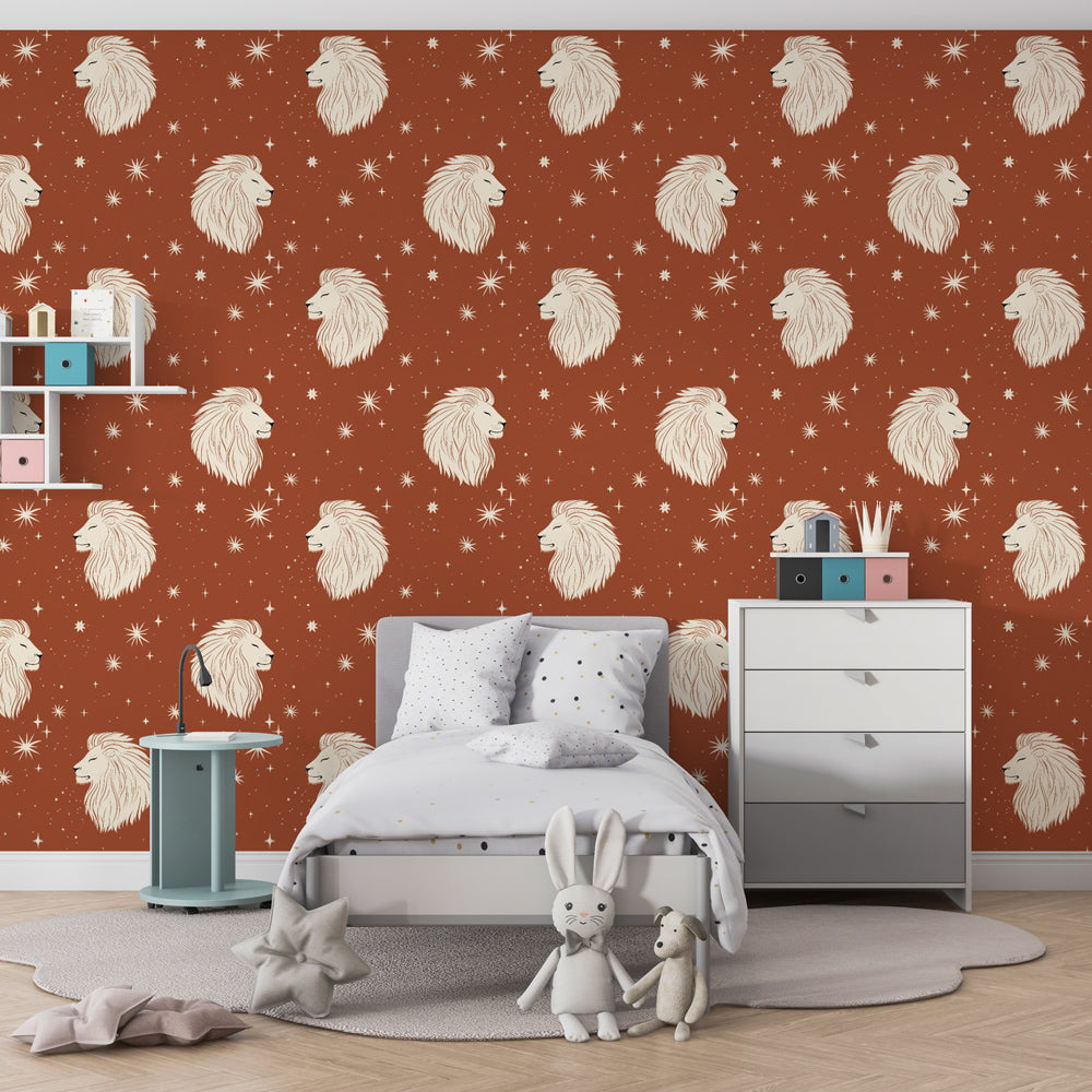 Elegant lion safari wallpaper in children's bedroom with warm terracotta tones and star details