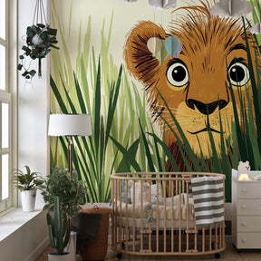 Safari-themed mural wallpaper featuring lion cub in modern children's bedroom setting