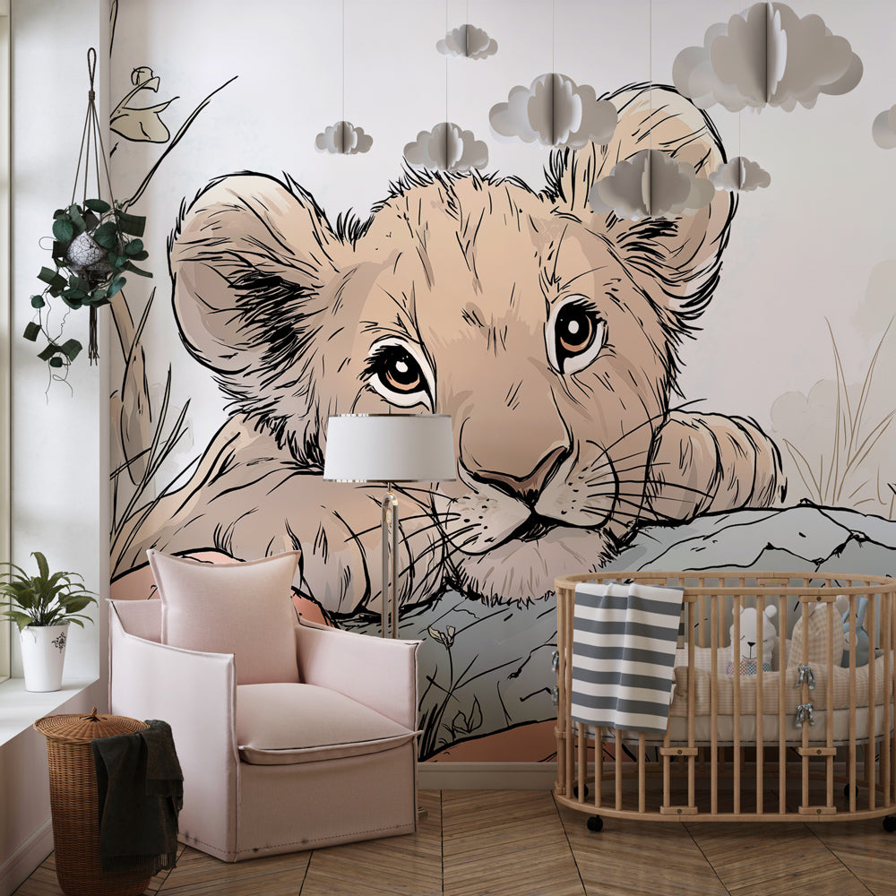Safari animal wallpaper creating adventurous kids bedroom with gentle lion and butterfly theme