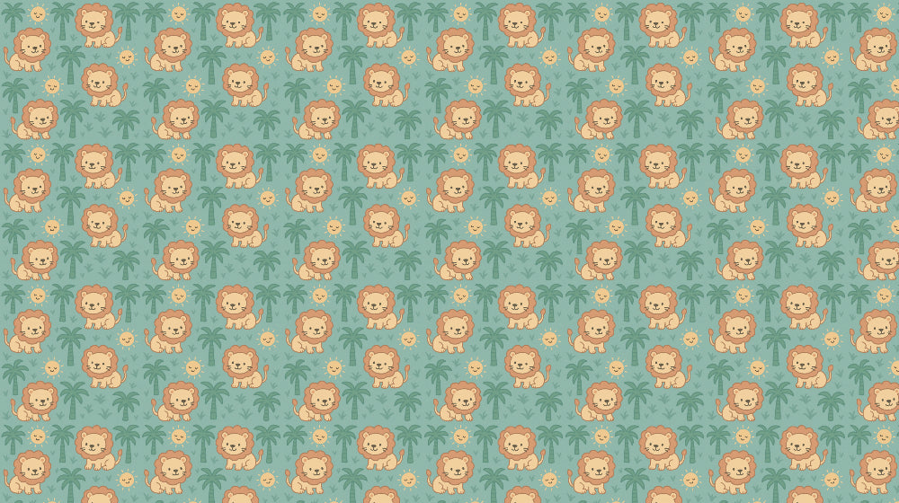 Detailed lion safari mural wallpaper design pattern with palm trees and sun by Kids-Mundo